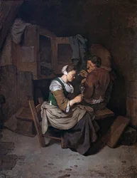 Femme avec un verre de vin et deux paysans masculins